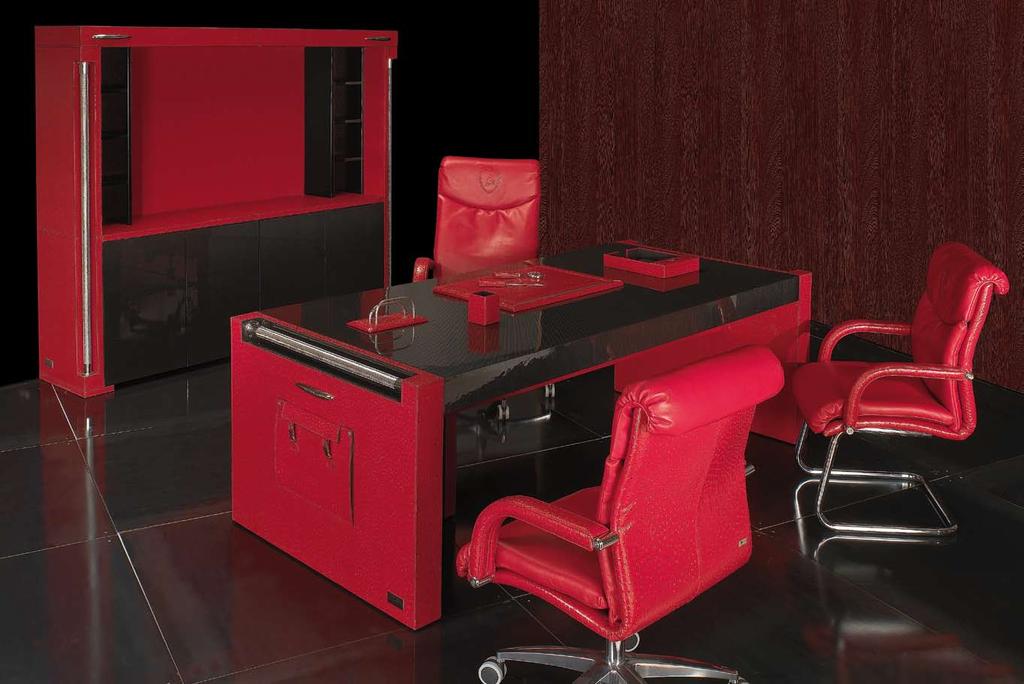21 Carbon Touring Carbon Touring Desk, cm 220x100x75h carbon top, glossy finish, sides in red racing ostrich leather with removable leather pockets, nickel tress bars CT Desk kit of six pieces Carbon