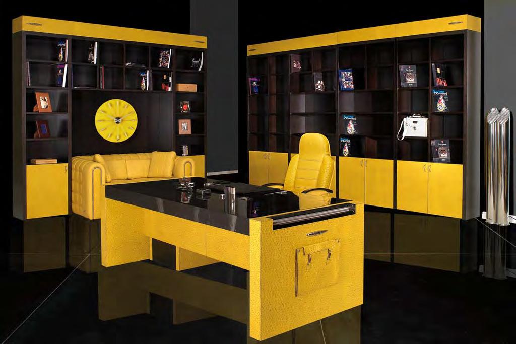 24 Office cabinet cm 298x40x272h top and doors in leather ostrich yellow wooden parts in oiled black oak finish Office cabinet cm 429x40x272h top and doors in leather ostrich