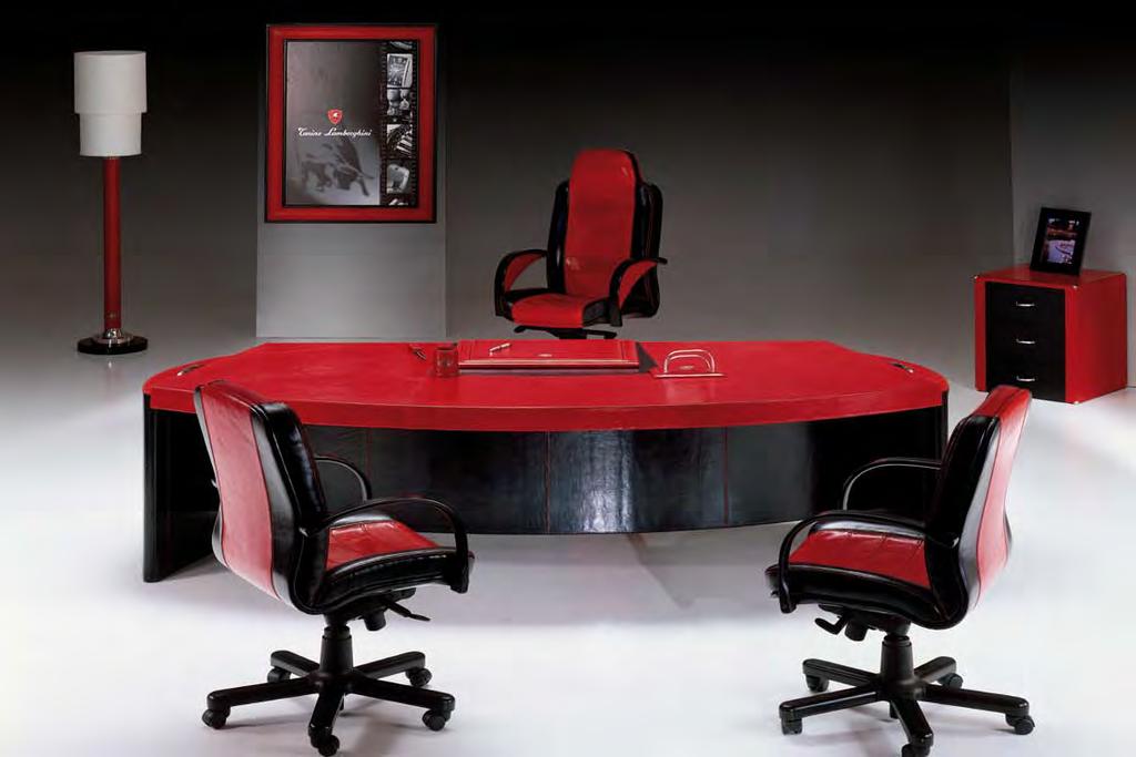 36 MONTECARLO OFFICE Desk system leather dakota or muflone black and red, nickel metal fittings TL floor lamp cm 36x167h Poster frame, cm 90x120 Presidential chair cm 68x58x124/133h