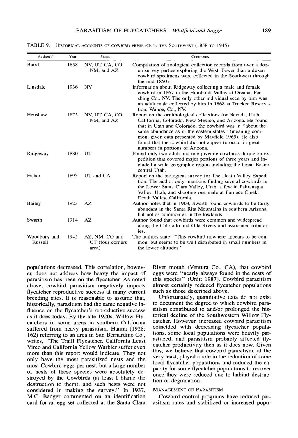 PARASITISM OF FLYCATCHERS-Whitfiel and Sogge 189 TABLE 9.