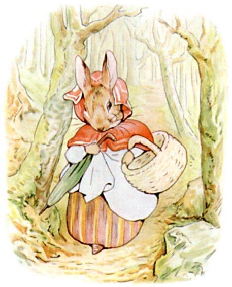 Rabbit took a basket and her umbrella, and went through the wood to the baker's. She bought some bread.