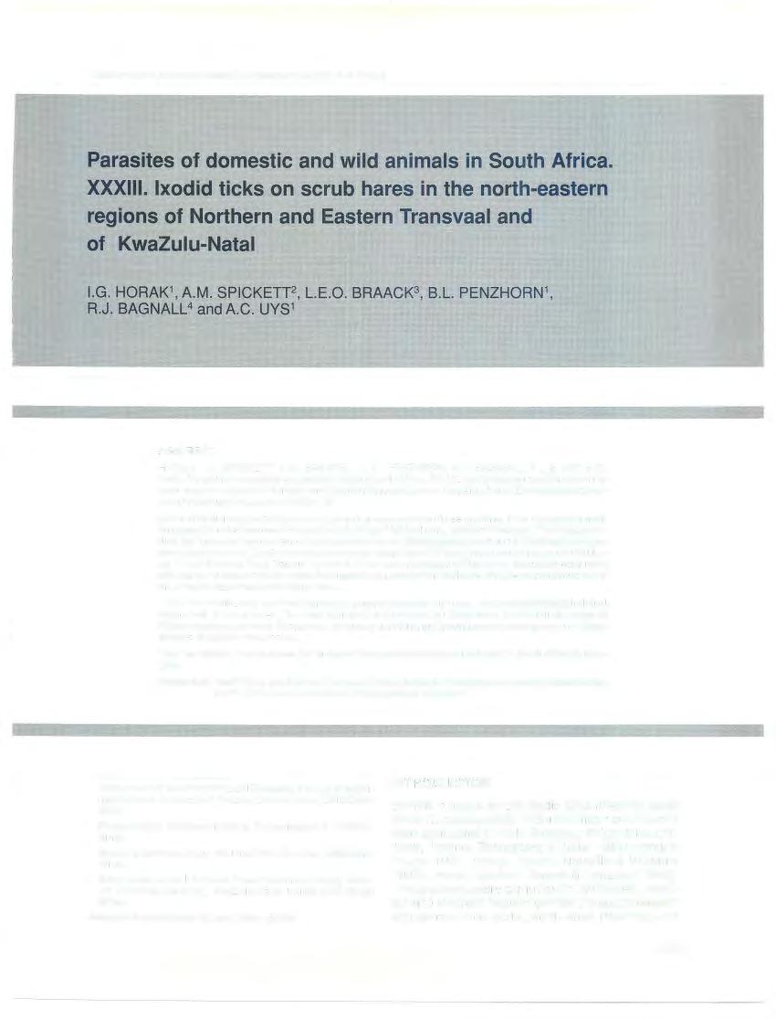 Onderstepoort Journal of Veterinary Research, 62:123-131 (1995) Parasites a;f domestic and wild animals in South Africa. XXXIII. lxod.