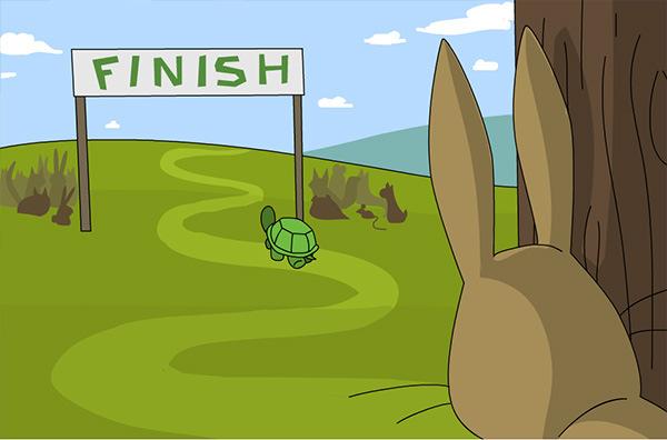 The Hare and the Tortoise Hare woke up. He jumped to his feet and saw Tortoise near the finish line. Tortoise finished first.