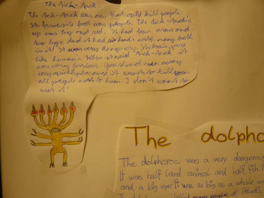 The Tick-tack was an animal whose favourite food was people. Its eye was big and red. It had four arms and two legs.
