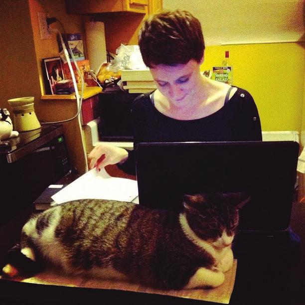 Photo credit: Amy Lind In this next photo, a graduate student works at her laptop with her friend s cat,
