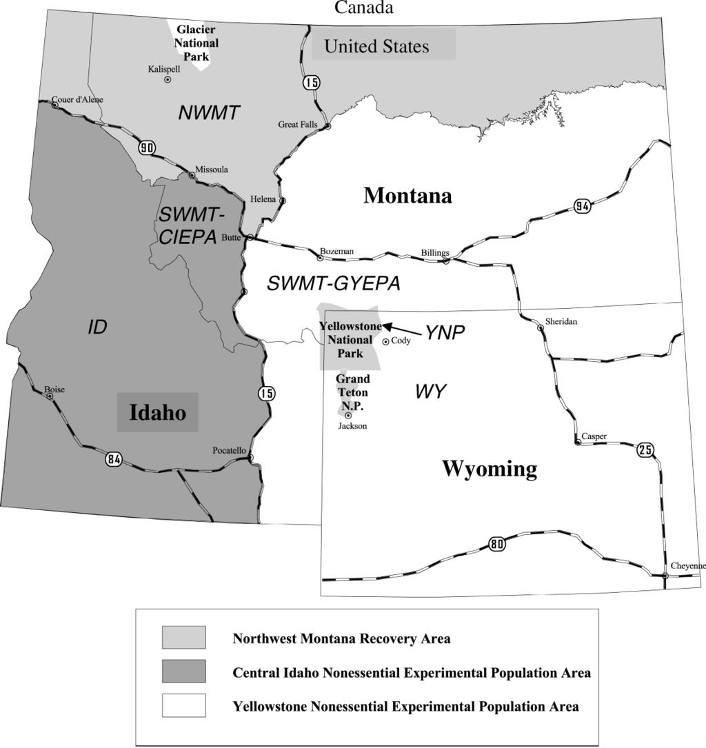 Figure 1. Northern Rocky Mountain federal gray wolf recovery areas and state boundaries for Montana, Idaho, and Wyoming, USA, 1979 2005.
