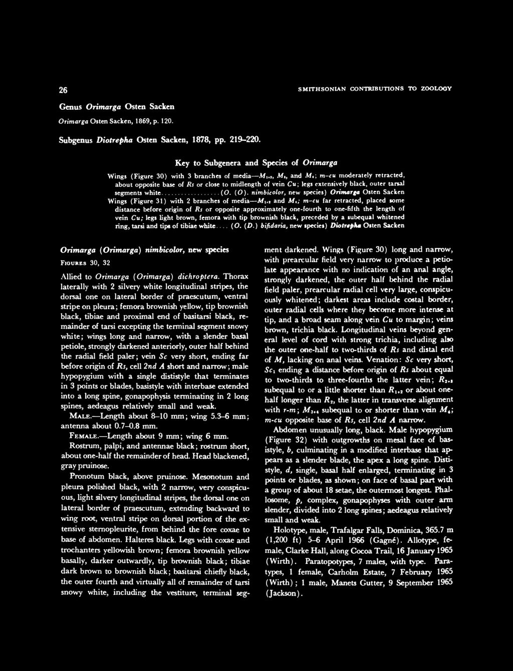 26 SMITHSONIAN CONTRIBUTIONS TO ZOOLOGY Genus Orimarga Osten Sacken Orimarga Osten Sacken, 1869, p. 120. Subgenus Diotrepha Osten Sacken, 1878, pp. 219-220.