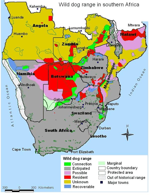 Figure 4.4 Map of wild dog distribution and status as judged by participants in 2007.