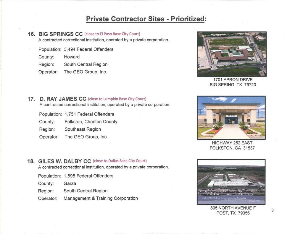 Private Contractor Sites -Prioritized: 16. BIG SPRINGS CC (close to El Paso Base City Court) 3,494 Federal Offenders Howard South Central Region The GEO Group, Inc.