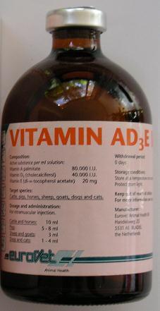 Vitamins/Minerals: Common products Vitamin AD 3 E injectable It is important to inject Vitamin AD 3 E to improve reproduction