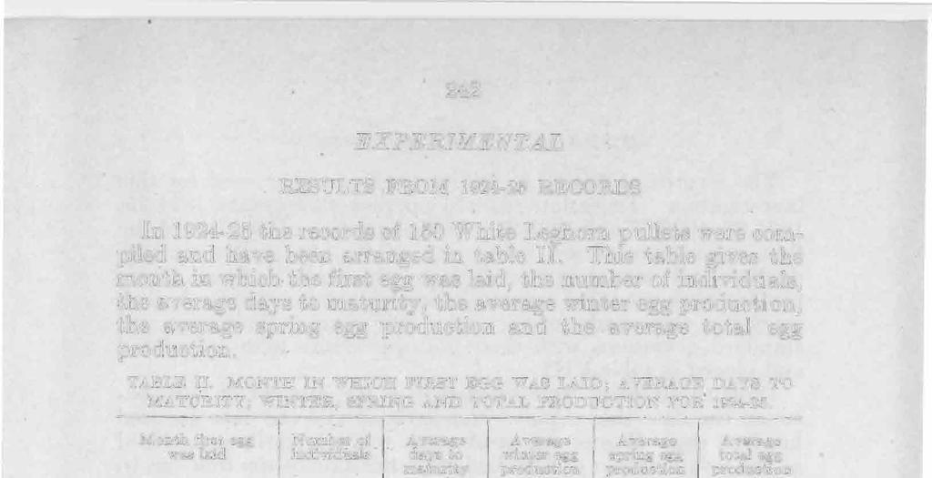 242 EXPERIMENTAL RESULTS FROM 1924-25 RECORDS In 1924-25 the records of 150 White Leghorn pullets were compiled and have been arranged in table II.