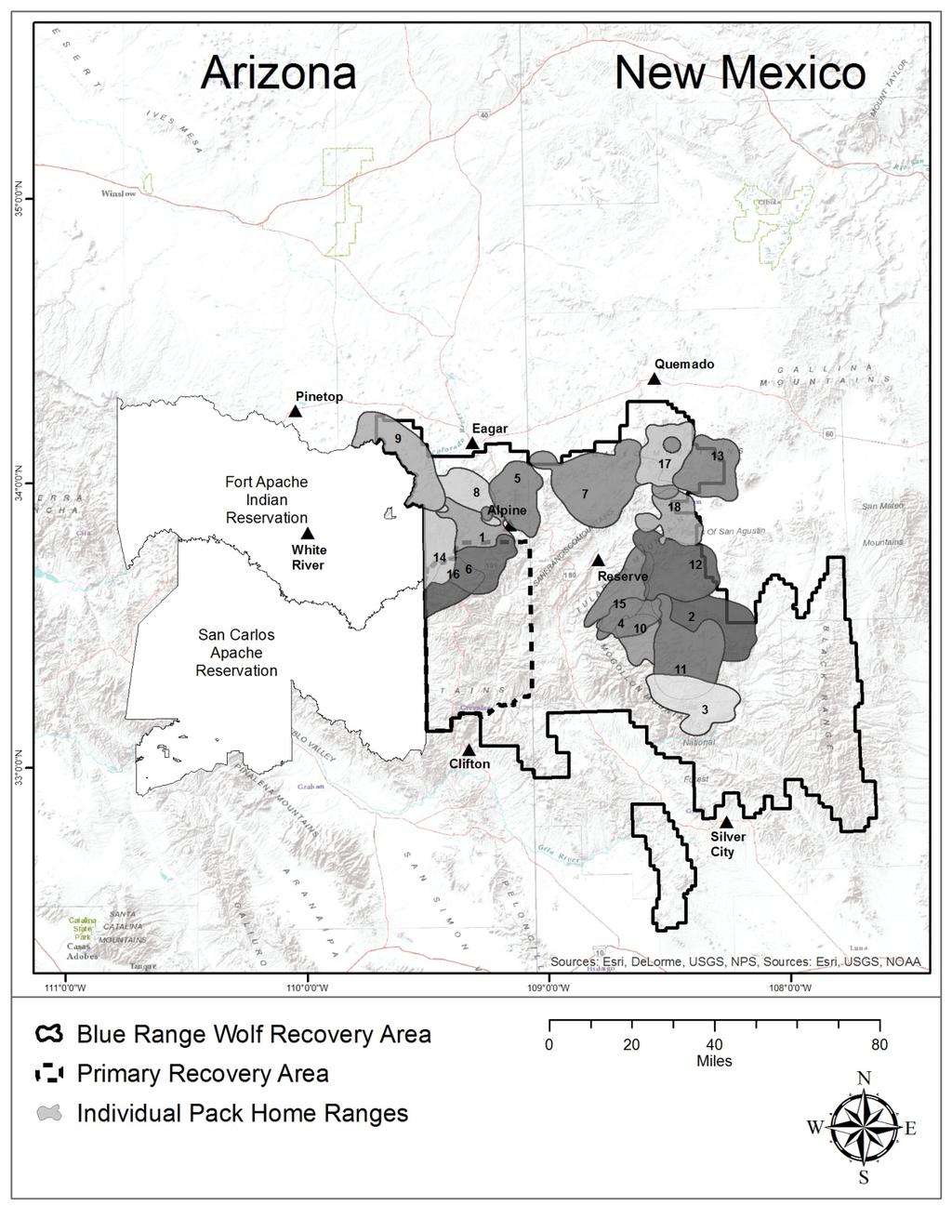 Figure 4. Mexican wolf home ranges for 2014 in Arizona and New Mexico.