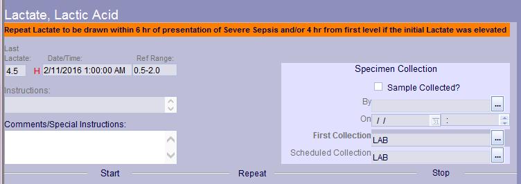 2.) Lactic Acid Lab Requirements for Sepsis When using the Inpatient Sepsis Order Set there are two pre-checked Lactate orders. Even with these orders, the form will display as described below.
