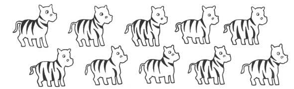 1 Match the zebras that are the same and complete the sentences. a b c d e f g h i j d g 1. Zebra and Zebra have got five black stripes. 2. Zebra and Zebra have got six black stripes. 3.