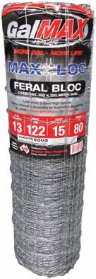 FERAL BLOC GRADUATED LINE WIRE SPACINGS 300581 11 / 90 / 15 Wild Dogs, Pigs, Wallabies 100 m 75 kg 9 rolls 300580 11 / 90 /15 w/footer Wild Dogs, Pigs, Wallabies 100 m 95 kg 9 rolls 301500 11 / 90 /