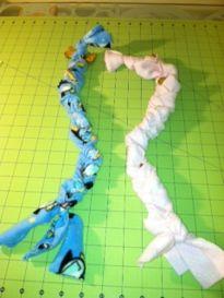 Treat Braids (25 braids = 2hrs) Fleece, Cotton, or Old T-shirts Yummy treats Step 1: Cut 3-4 inch wide strips out of fleece or cotton and use a regular plait braid to braid in a variety of yummy