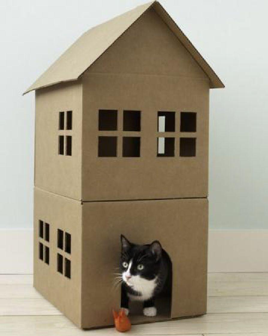 Cat Playhouse (5 houses = 5 hours) Materials: Door and window templates (optional) 3 same-size sturdy cardboard boxes (we used 12-by-14-by-18-inch boxes from UPS;