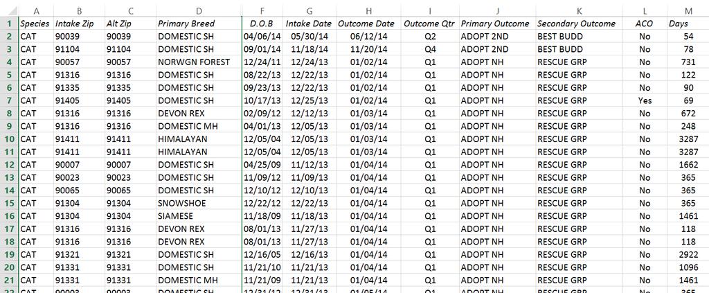 Pivot Table Example Cat Intake & Outcomes 2,500 2014 Cat Intake & Outcomes by Month 2,000 1,500 1,000 500 Nearly 0 50,000 rows of outcome data becomes.