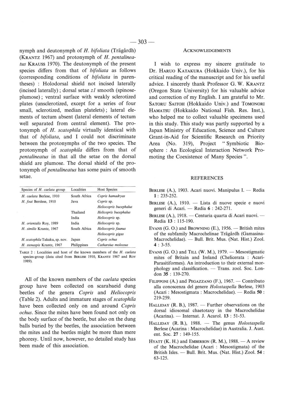 nymph and deutonymph of H. bifoliata (Tragardh) (KRANTZ 1967) and pro to nymph of H. pentalineatus KRAUSS 1970).