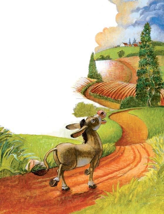 Day after day he carried heavy bags of grain to the mill. NARRATOR 2: But the donkey grew old.