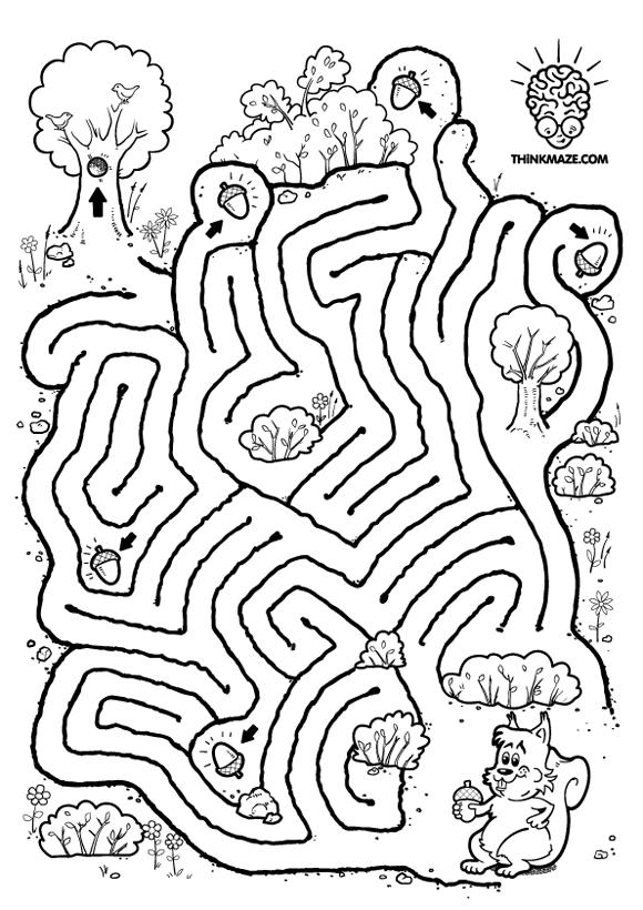 Help this squirrel through the maze to find the acorns she had cached and return to her nest in the tree!
