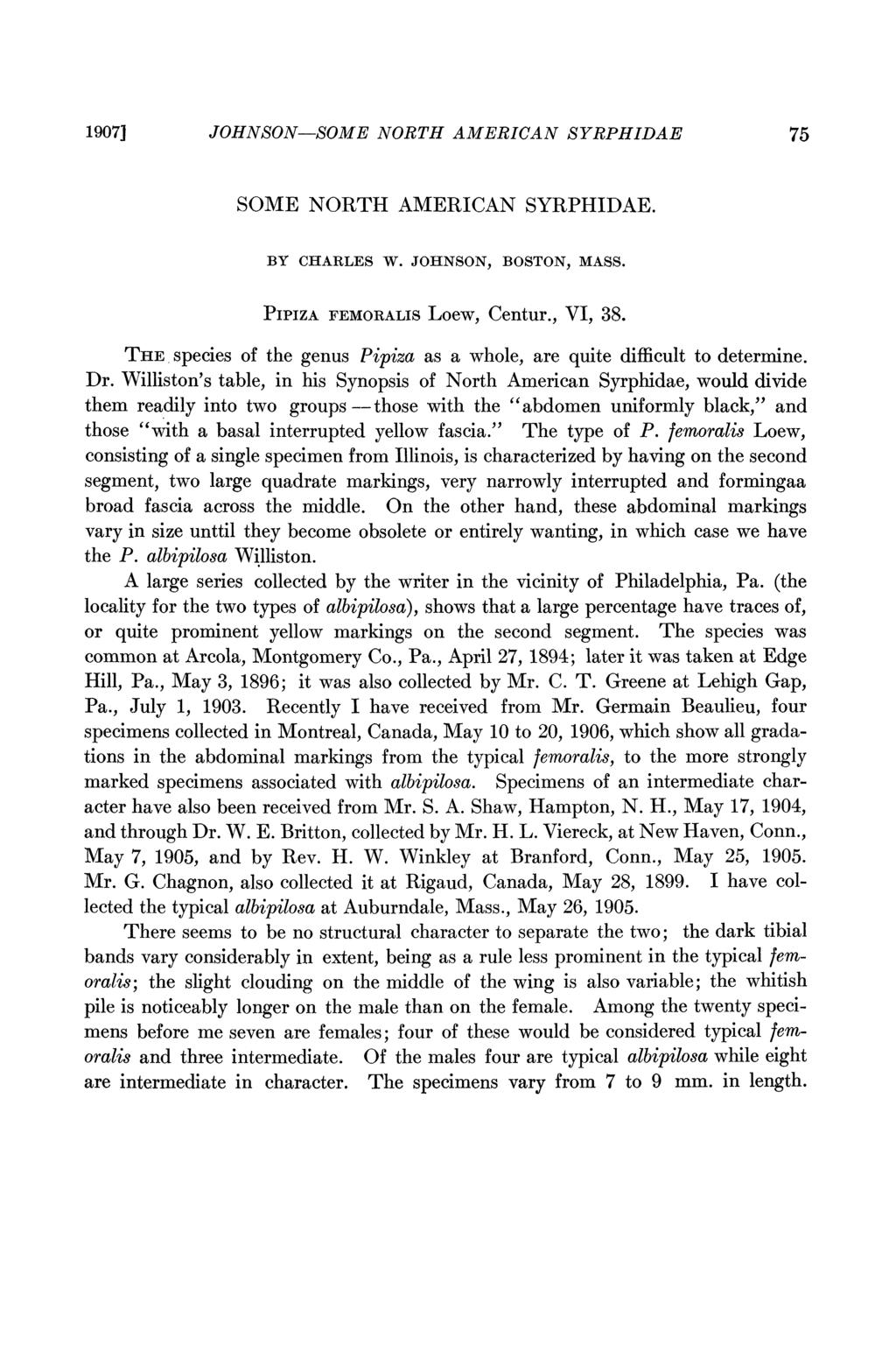 1907] JOHNSON--SOME NORTH AMERICAN SYRPHIDAE 75 SOME NORTH AMERICAN SYRPHIDAE. BY CHARLES W. JOI-INSON, BOSTON, MASS. PIPIZA FEMORALIS Loew, Centur., VI, 38. TlE.