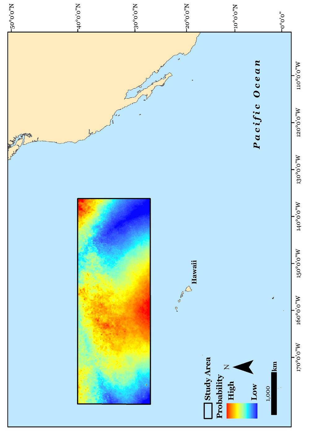 Figure 15: Probability of bycatch of loggerheads in pelagic longline swordfish gear in January within the North Pacific