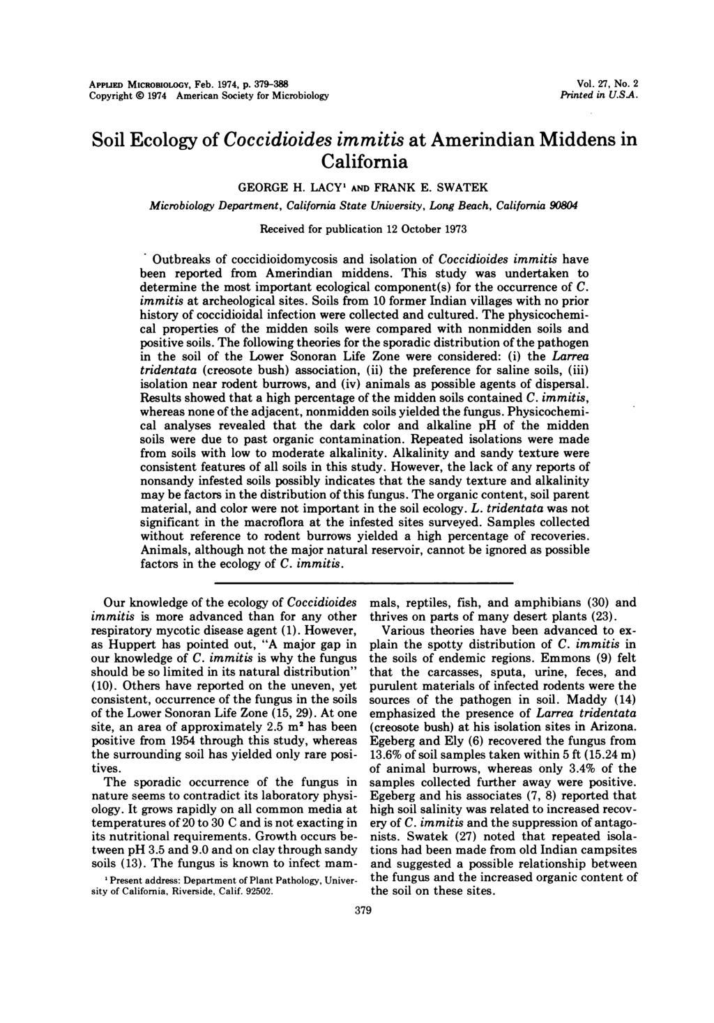 APPLIED MICROBIOLOGY, Feb. 1974, p. 379-388 Copyright i 1974 American Society for Microbiology Vol. 27, No. 2 Printed in U.SA.