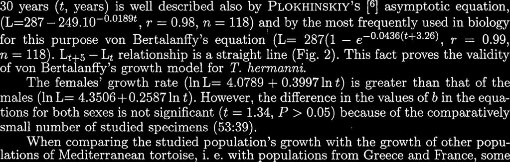 B - relationship between age (t) and In (L, - Lt). L,, k, to - parameters of von Bertalanffy's equation 30 years (t, years) is well described also by PLOKHINSKIY'S [6] asymptotic equation, (L=287-249.