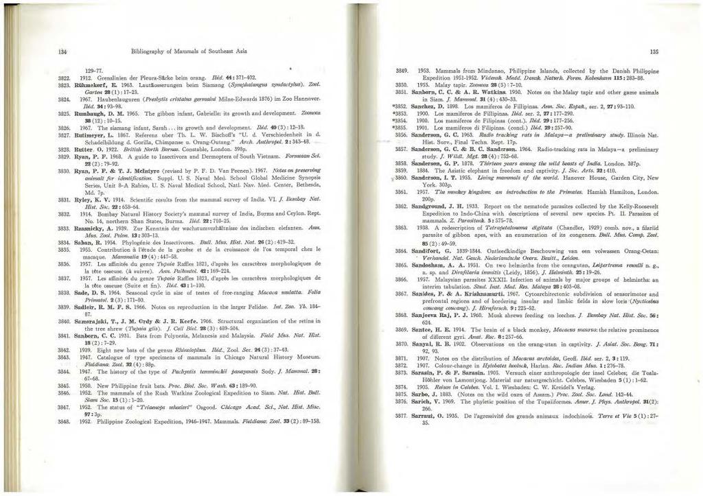 i34 Bibiiography of Mammais of Southeast Asla 135 129-77. 3822. 1912. Grenzlinien der Pleura-Sacke beim orang. Ibid. 44: 371-402. 3823. Riihmekorf, E. 1963.