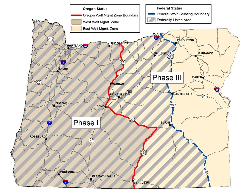 OREGON WOLF PROGRAM OVERVIEW Regulatory Status Federal Status: Wolves occurring west of Oregon Highways 395/78/95 continue to be protected as endangered under the federal ESA (Figure 1).