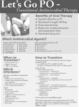 Dose-optimization IV to PO Pharmacokinetic and pharmacodynamics Antibiotic dosing protocols Renal dosing protocols Effective antibiotic use Patients on oral therapy: Shorter hospital stay Less cost