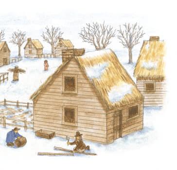Pilgrim homes in North America were built like their homes in England. The Pilgrims had a hard first winter. Half of the people died.
