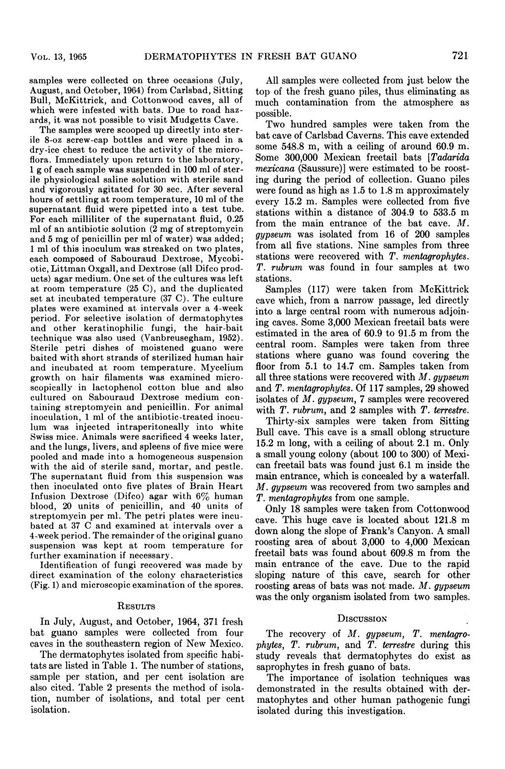 VOL. 13, 1965 DERMATOPHYTES IN FRESH BAT GUANO 721.