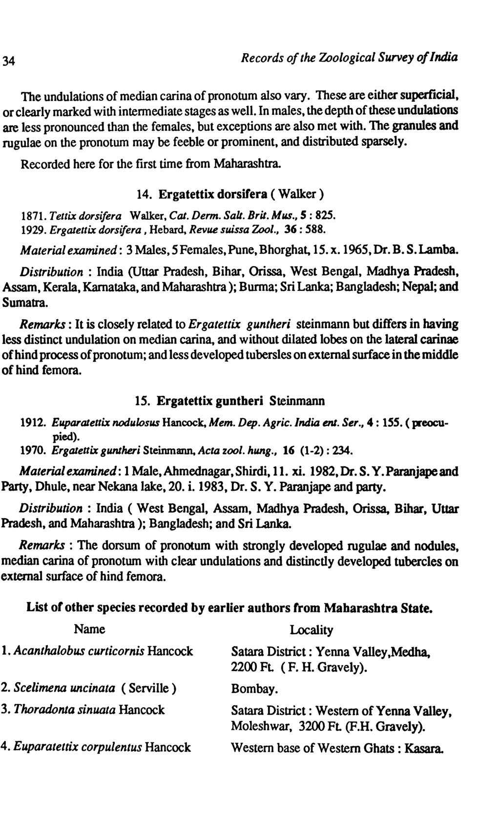 34 Records of the Zoological Survey of India The undulations of median carina of pronotum also vary. These are either superficial, or clearly marked with intennediate stages as well.