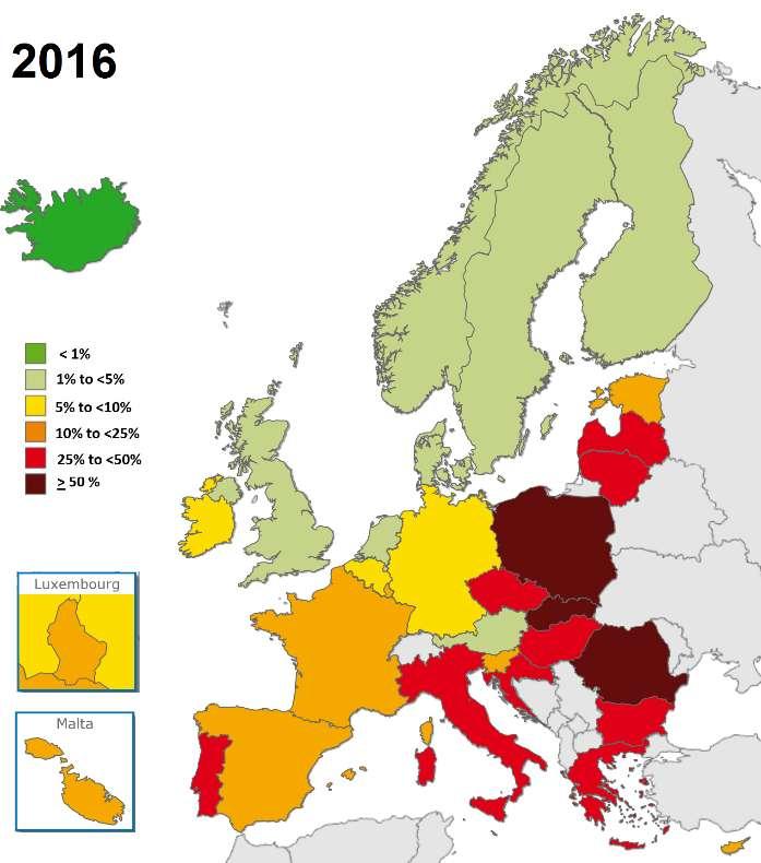 Klebsiella pneumoniae: % of invasive isolates with combined resistance* EU/EEA, 2013 & 2016 2013 *Third-generation cephalosporins, fluoroquinolones and aminoglycosides 2016 Source: EARS-Net, 2017.