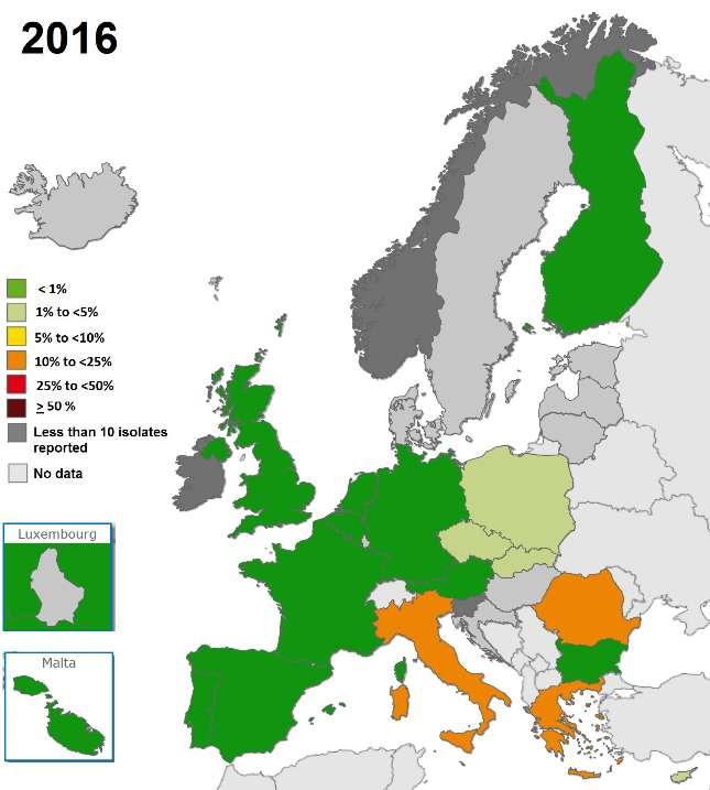 Klebsiella pneumoniae: % of invasive isolates with combined resistance to carbapenems and colistin, EU/EEA, 2016 2016 Source: