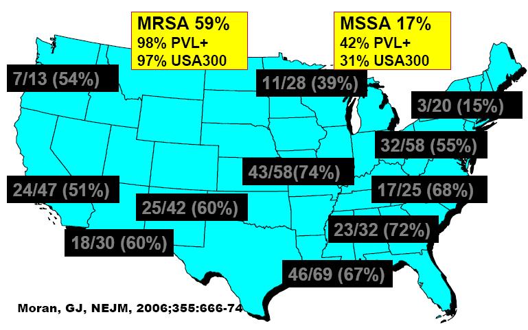 59% MRSA MRSA ranged from 15-74% 98% MRSA isolates- CA MRSA Susceptibilities: 95% Clindamycin 100%