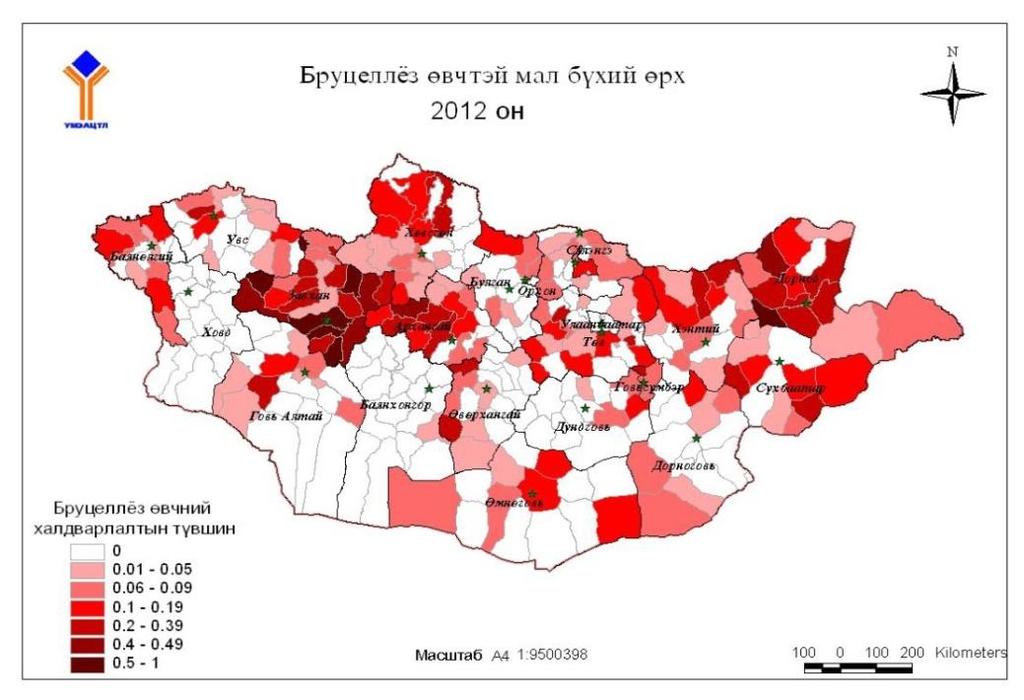 Result of Sero-survey- Brucellosis Prevalence, 2011 Brucellosis - by region Brucellosis - by herder family Provincially- 0.02-5% (Bh, Kd, Za, Do), County- 5-100% (Bh, Kd, Gs, Da), Sub-county - 1.