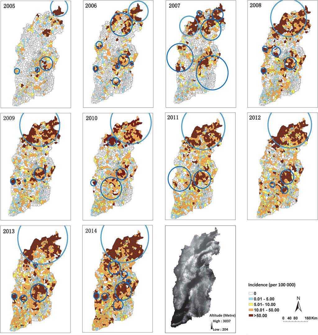 Chen et al. BMC Infectious Diseases (2016) 16:760 Page 8 of 10 Fig. 6 Annual distribution and clusters of reported cases of human brucellosis in Shanxi Province, based on town polygons (2005 2014).
