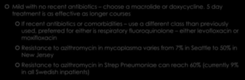 Treatment Mild with no recent antibiotics choose a macrolide or doxycycline.