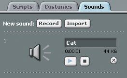 Click the sprite for Scratchy called Indy-Cat in the Sprite List. Then click the Sounds tab and add a sound effect for him. Either record a meow yourself or import the Cat sound effect.