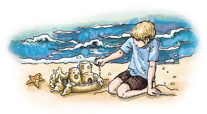 To make a sand castle, first I would smooth out a flat surface to support it. Next, I would dig up very wet sand, but not dripping wet, and pack it tight into a bucket mold.