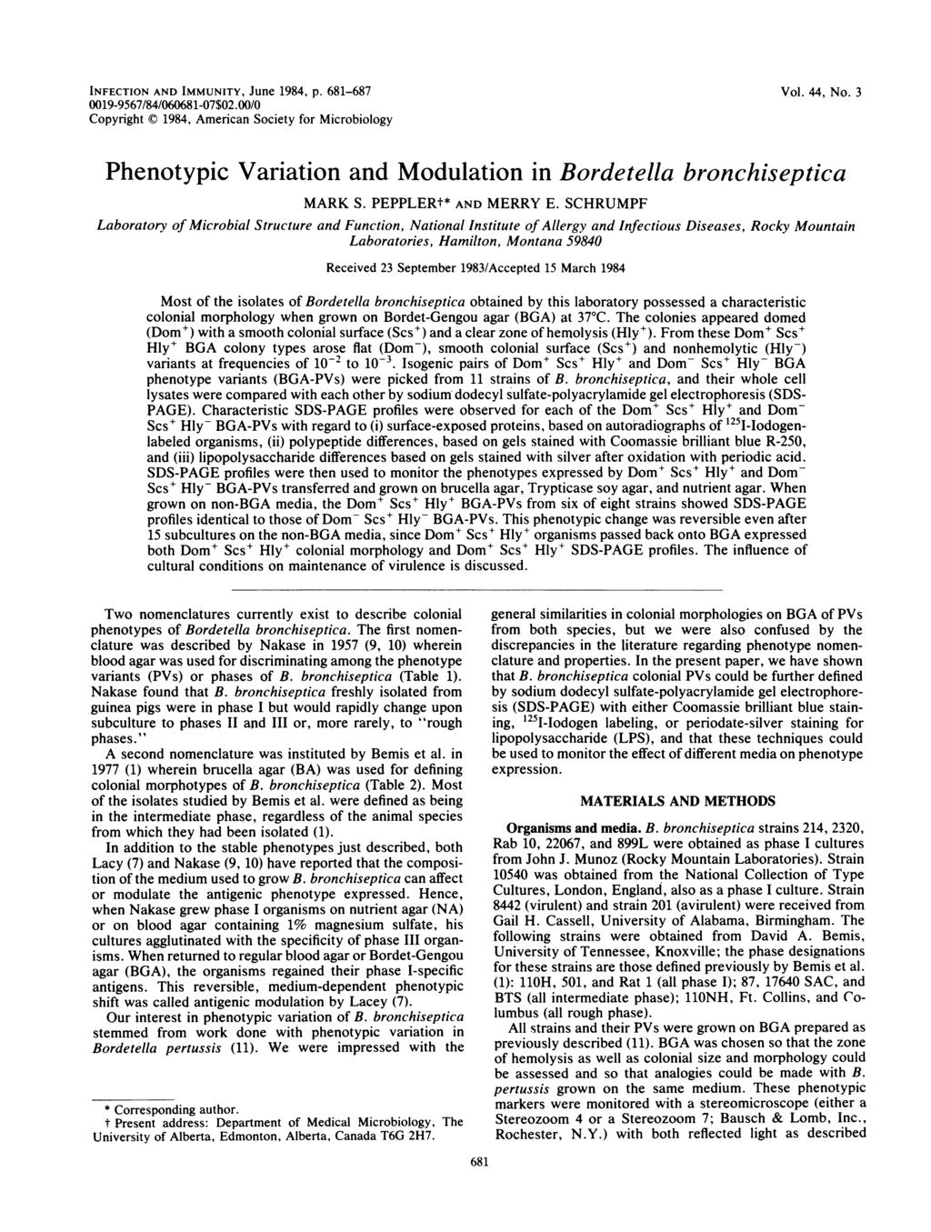 INFECTION AND IMMUNITY, June 1984, p. 681-687 0019-9567184/060681-07$02.00/0 Copyright C 1984, American Society for Microbiology Vol. 44, No.