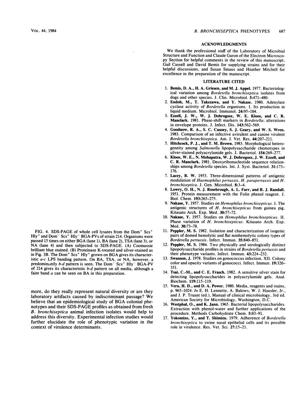 VOL. 44, 1984 d- [ A. Coomassie-stained Dorn Scs+Hly+ Dom Scs+Hly 1 2 3 4 1 2 3 4 _ I- -4 ---_--V B. silver-stained a- b FIG. 4. SDS-PAGE of whole cell lysates from the Dom' Scs+ Hly+ and Dom- Scs+ Hly- BGA-PVs of strain 214.