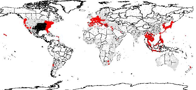 WORLDWIDE DISTRIBUTION Pond Slider (Trachemys scripta) including natural populations (black) and introduced populations (red).