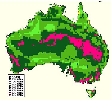 Map 2. Climate match between the world distribution of Pond Slider (Trachemys scripta) and Australia for eight match classes. Colour on Map Level of Match from Highest (10) to Lowest (3) No.