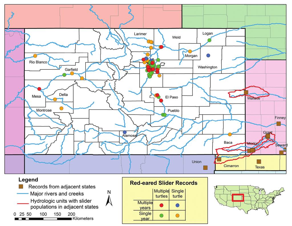 ARTICLES 735 Fig. 1. Statewide distribution of Trachemys scripta elegans in Colorado, including nearby records in adjacent states (status of these records is discussed in the text). See Fig.