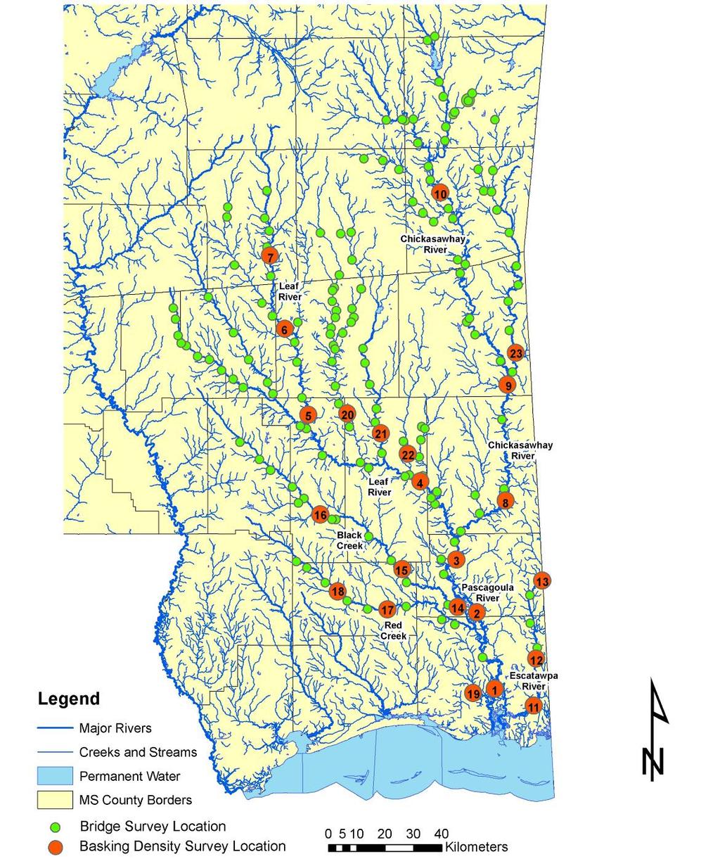Herpetological Conservation and Biology FIGURE 1. Locations of bridge and basking density surveys of Graptemys flavimaculata and G.