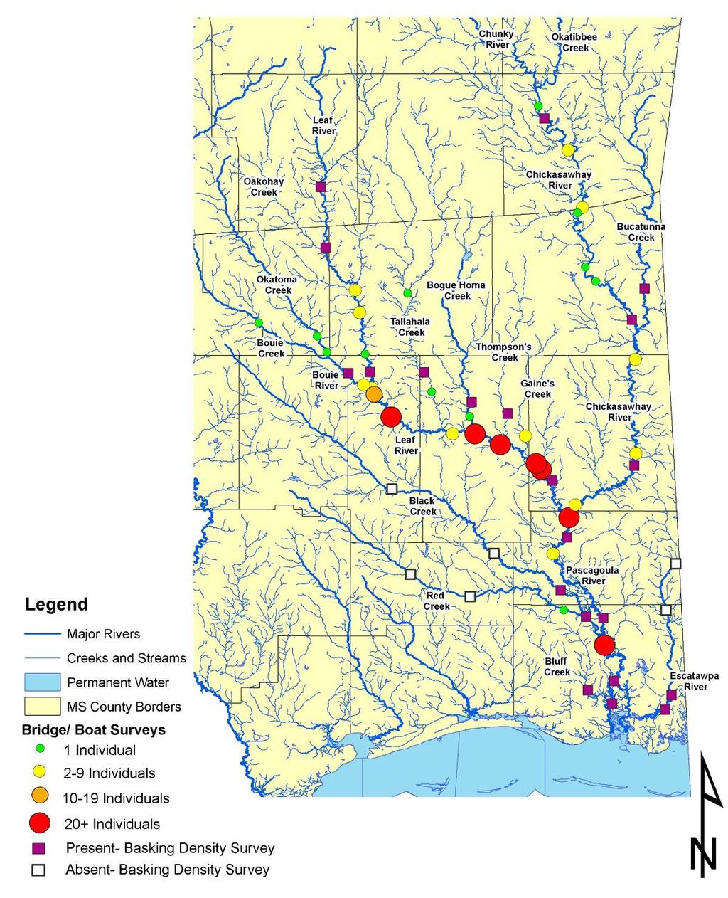 Herpetological Conservation and Biology FIGURE 2. Bridge and basking density survey results for Graptemys flavimaculata within the Pascagoula River system, Mississippi, USA, 2006 2008.